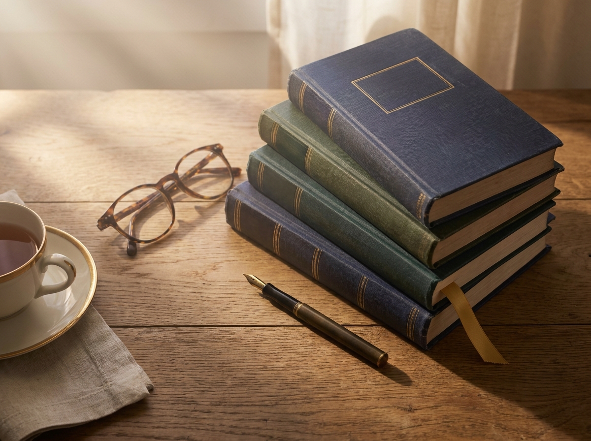 An elegant still life of hardcover books and reading glasses in warm light