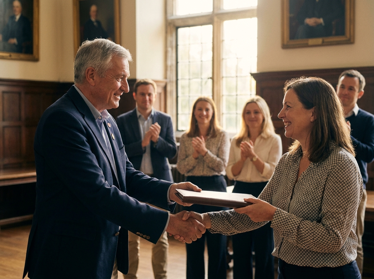 A counselor receiving her certificate folio with a warm handshake as colleagues applaud