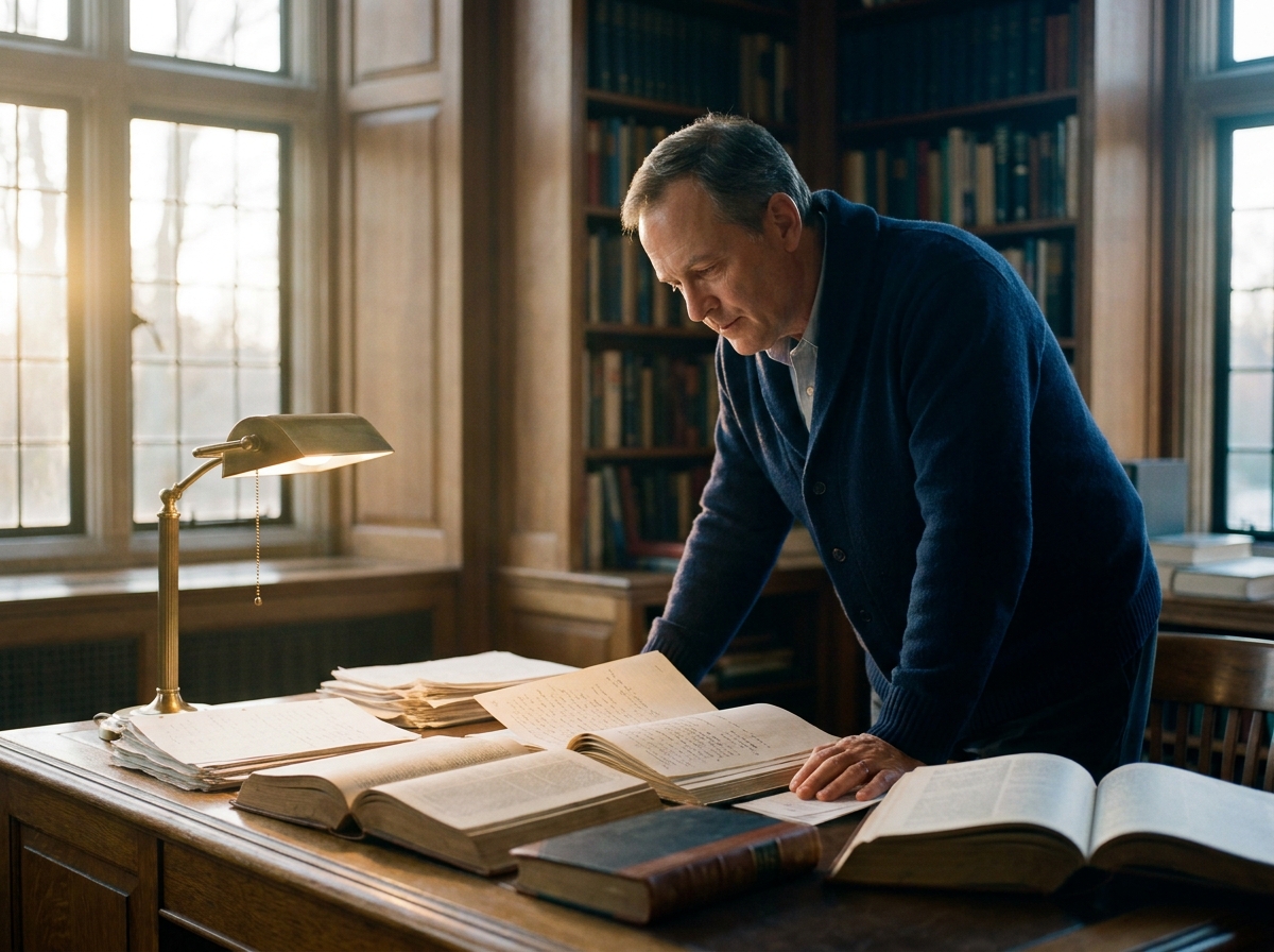 A clinician studying open reference volumes and case notes at a sunlit oak desk