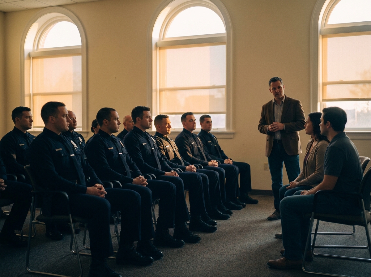 Police officers in a crisis-intervention training session with an instructor