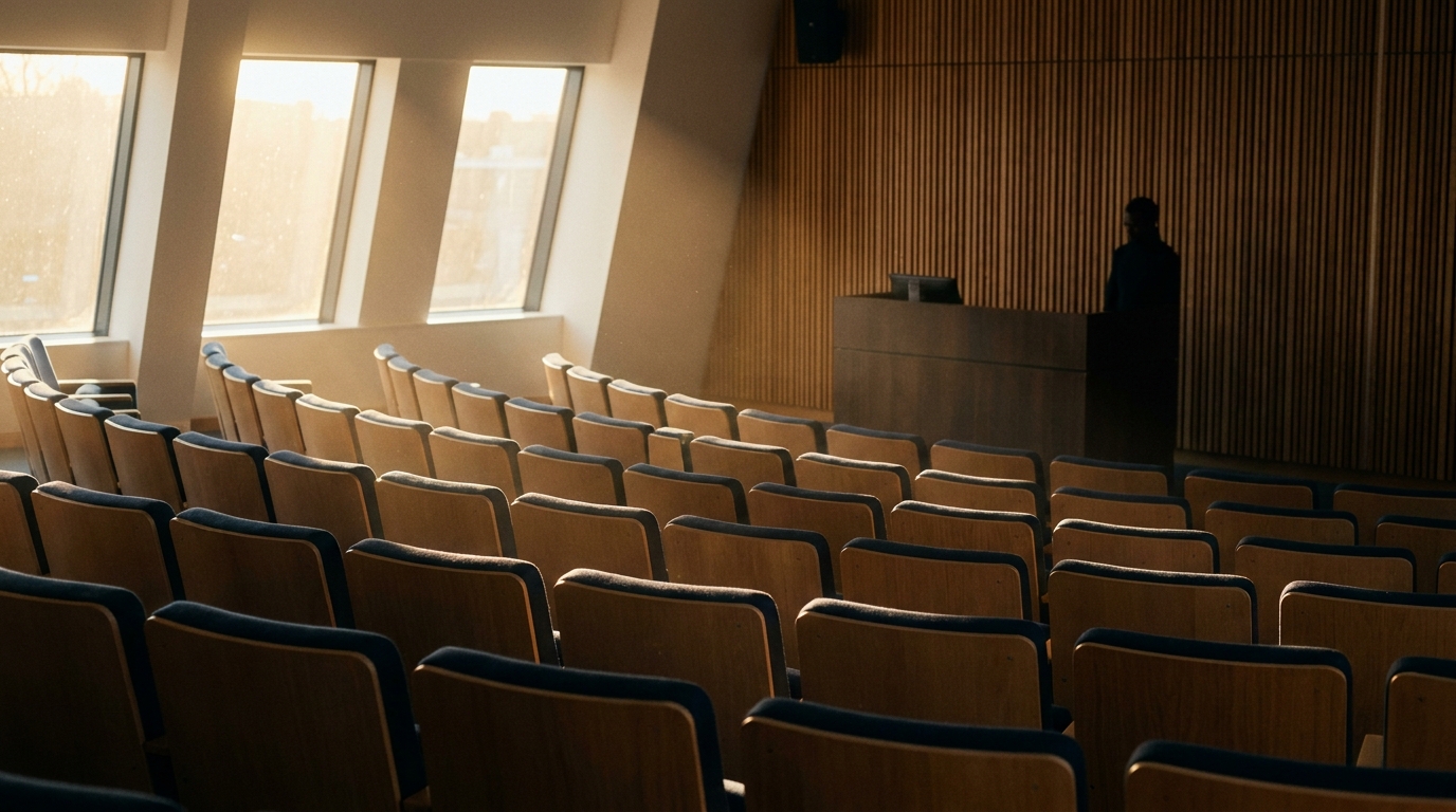 A warm, empty seminar hall bathed in golden-hour light
