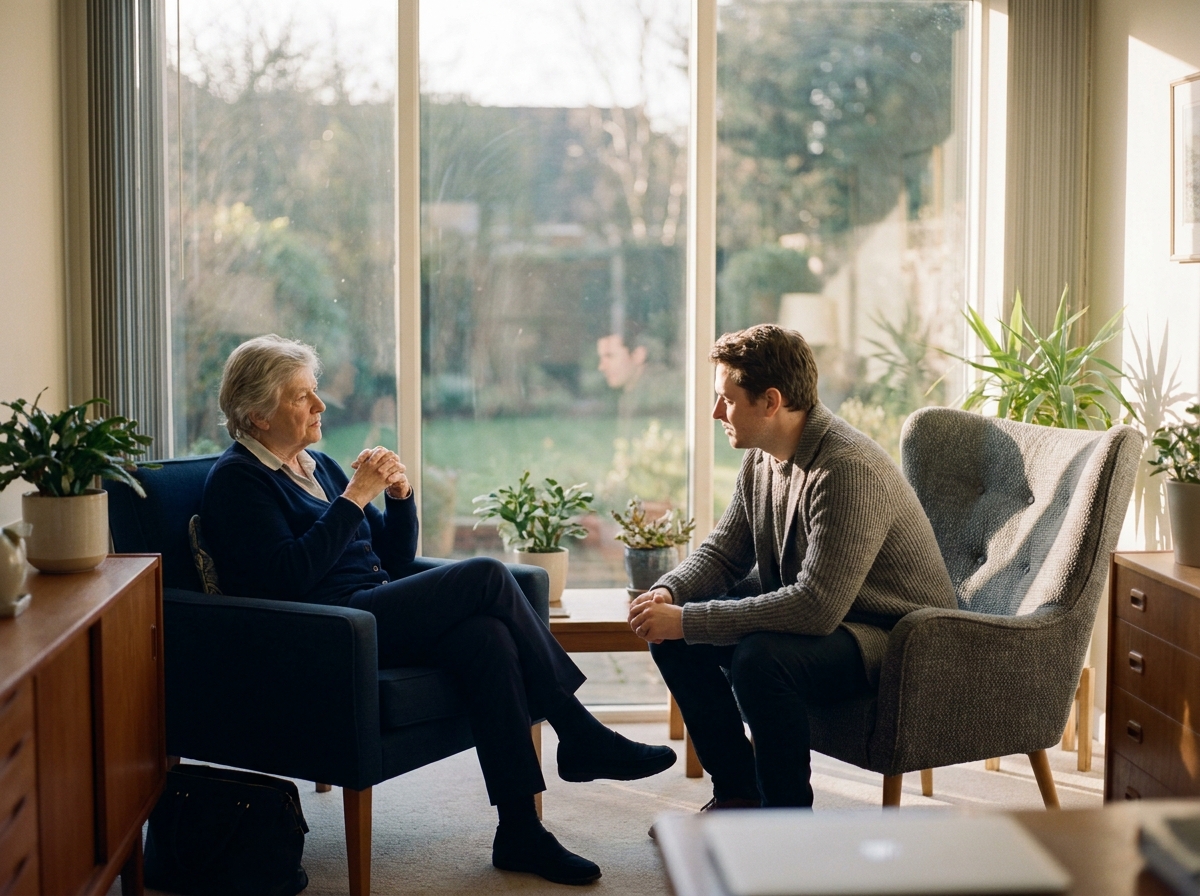 A supervisor and clinician in one-on-one conversation beside a tall window