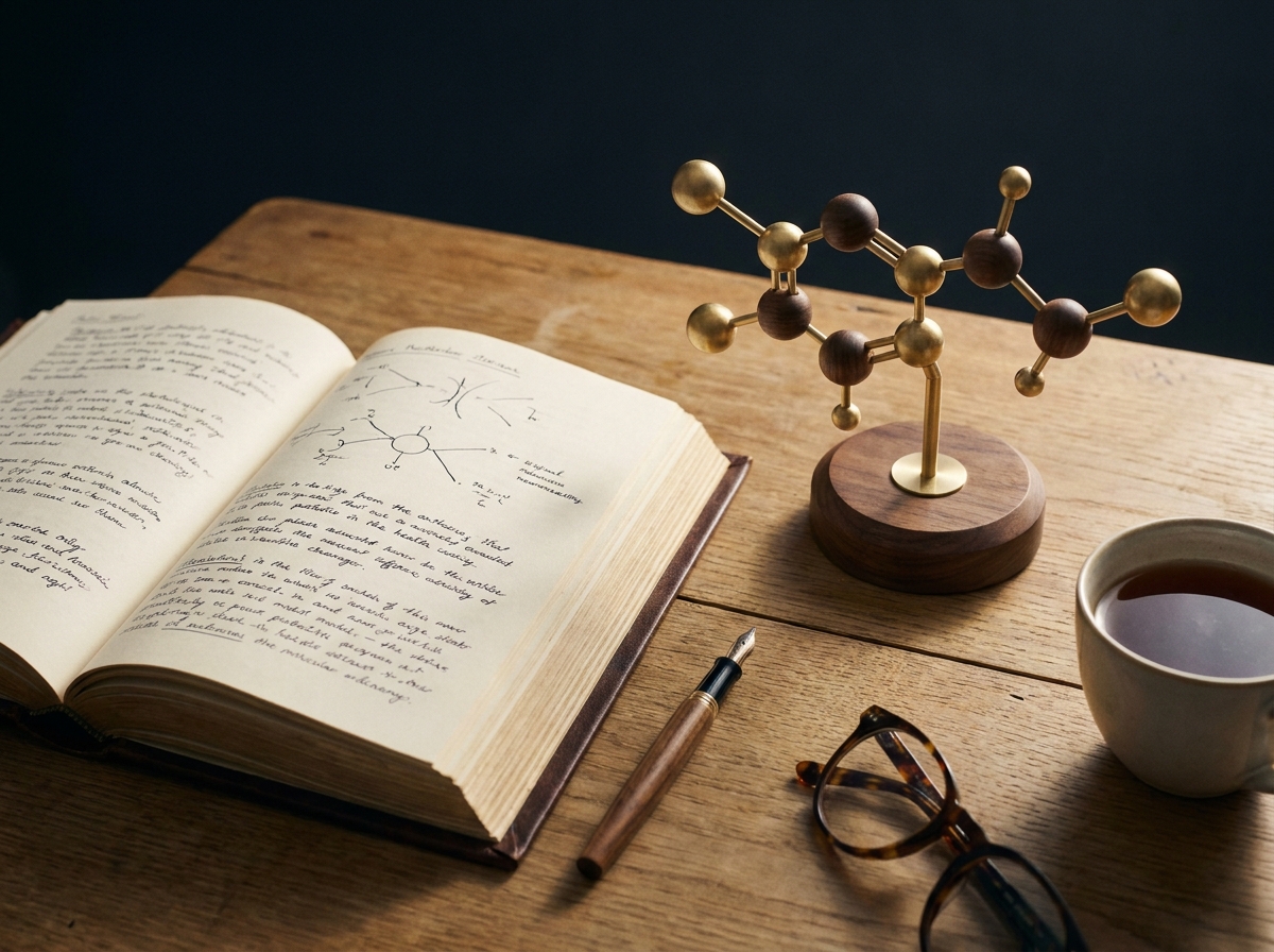 An annotated pharmacology textbook beside a brass neurotransmitter model