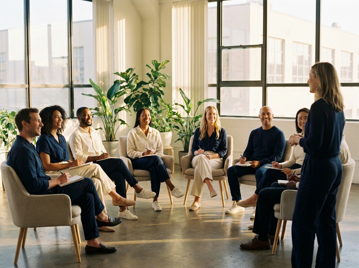 Mental health professionals in a semicircle workshop, leaning into discussion
