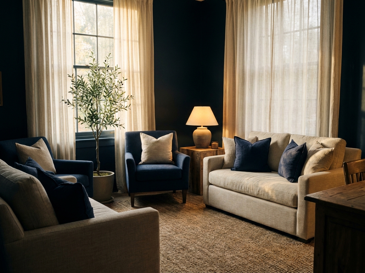 A serene, tasteful couples-therapy room in soft morning light