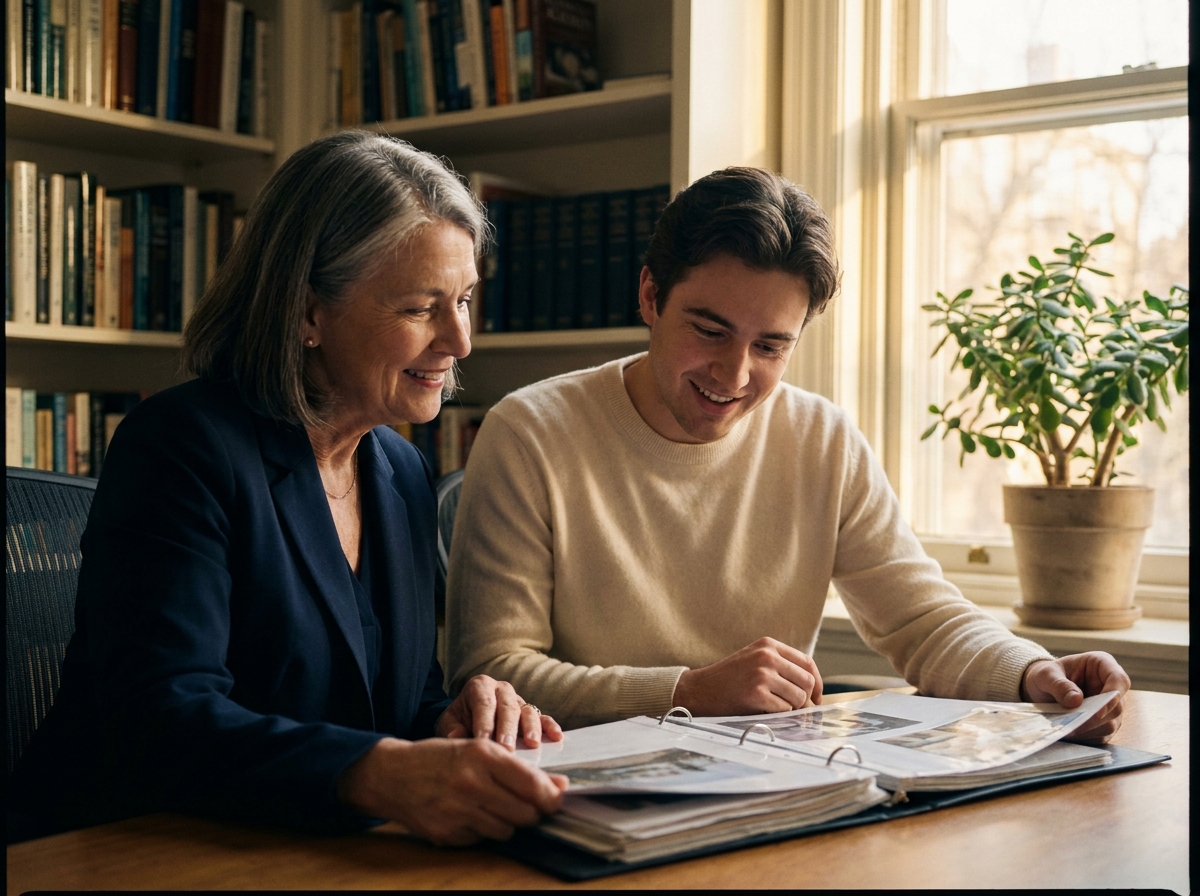 A senior clinician mentoring a young professional over a portfolio at a sunlit table